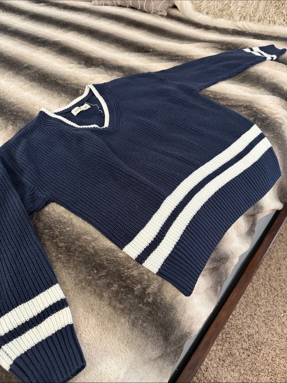 Lucky Brand Navy and White V-Neck Knit Sweater